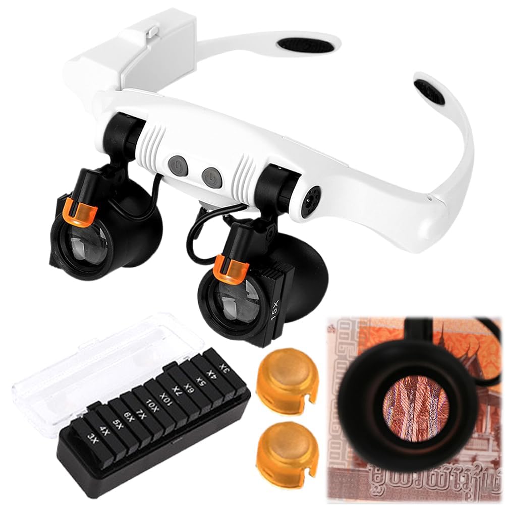 CEWROM Okulary z lupą z 2 diodami LED, maks. 10-krotne powiększenie, lupa czołowa, lupa z oświetleniem LED, lupa do montażu na głowie z 12 soczewkami do prac bliskich, czytania, majsterkowania, sztuki