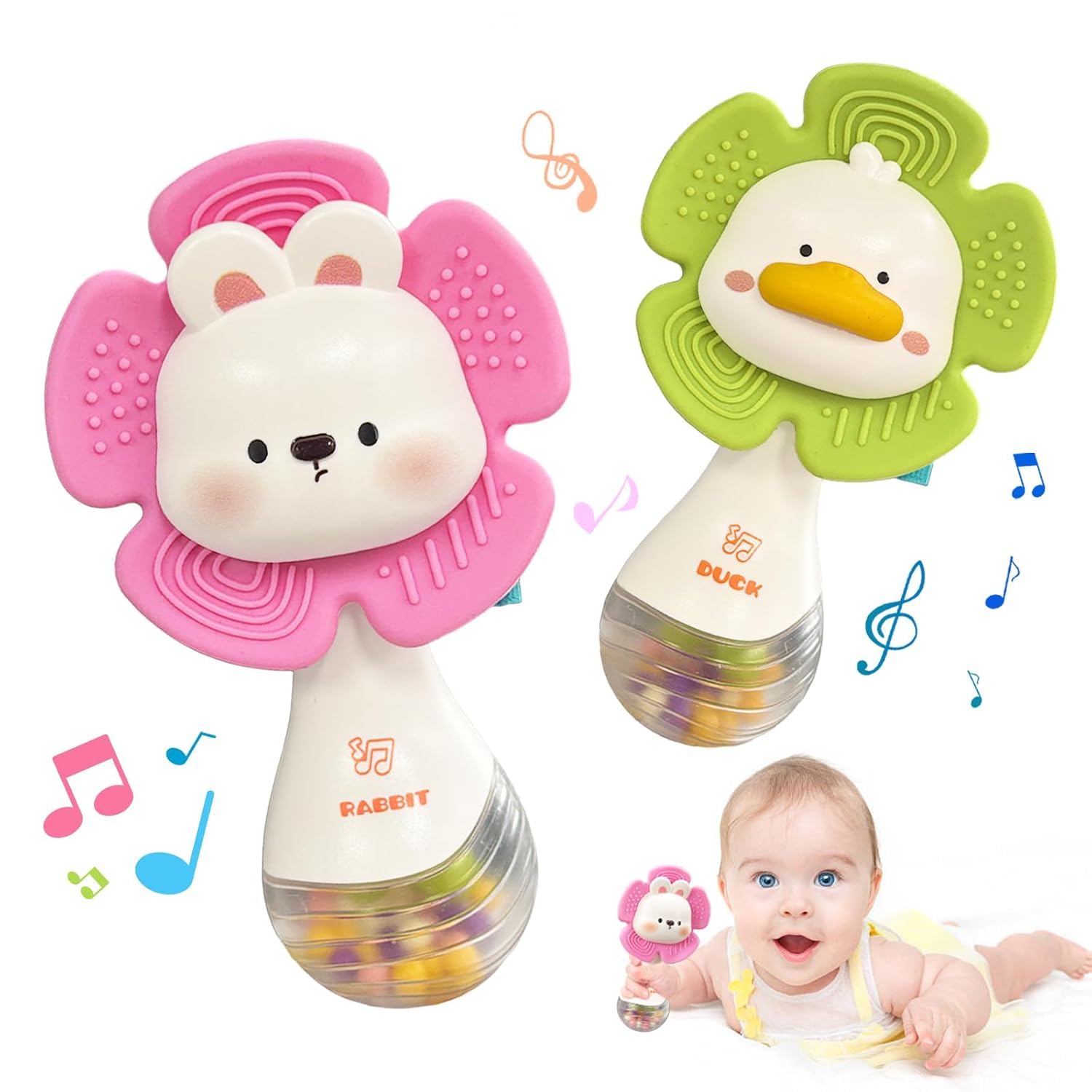 2 Pcs Baby Rattles Teething Toys 3-6 Month, Baby Toys for 0-12 Months Sensory Toys Infant Toys 0-6 Months, Newborn Boys and Girls Must Haves Toys Babies Gifts (Pink Green)