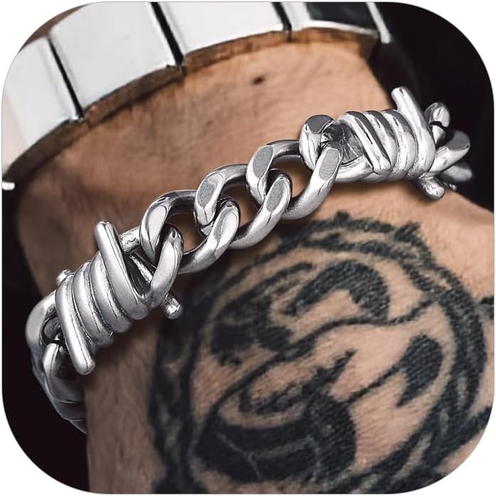 Bandmax Barbed Wire Chain Bracelets for Men Women Stainless Steel/Black/Gold Thorn Cuban Link Chains Bracelet Adjustable Punk Emo Style Jewelry