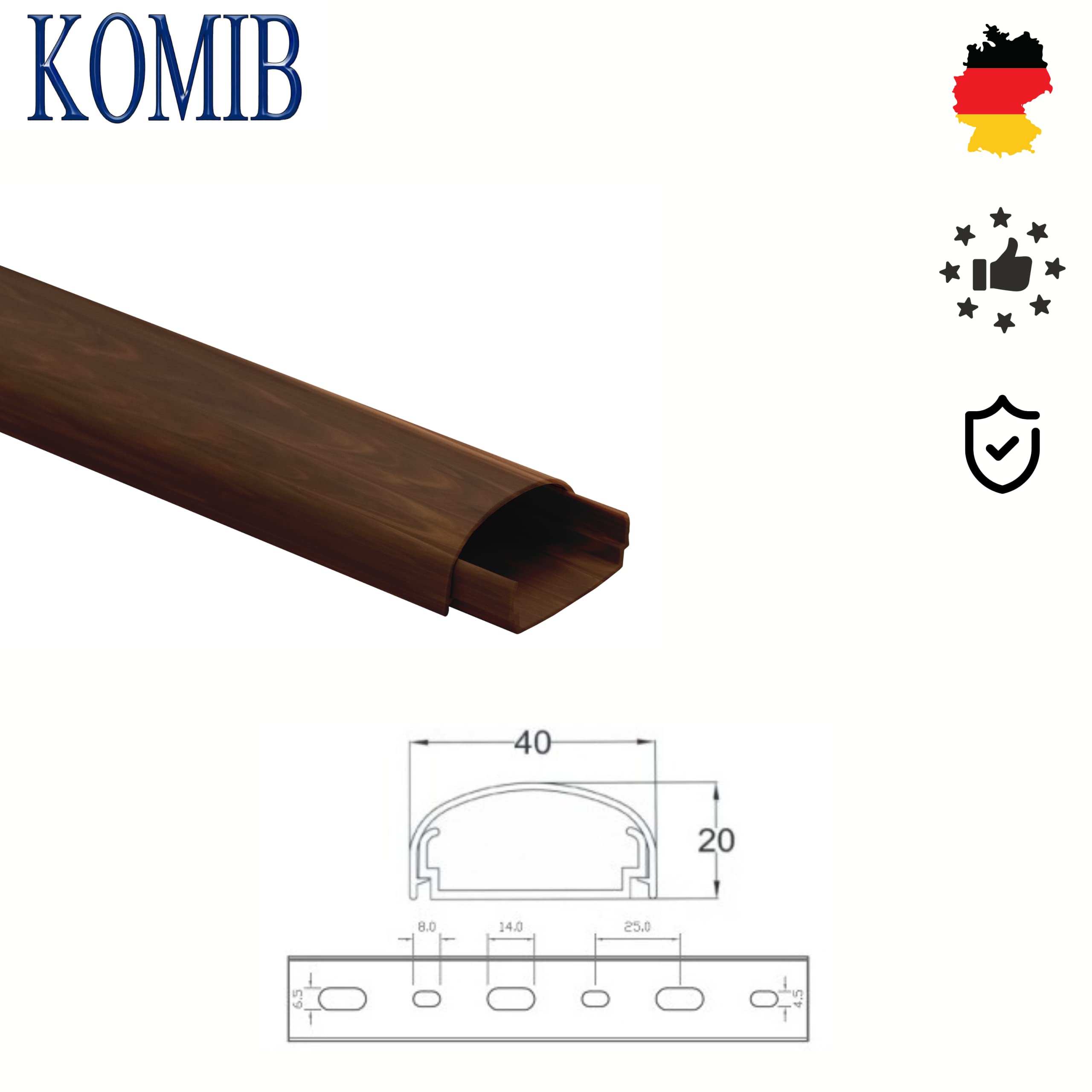 10m KOMIB Kabelkanal/Kabelkanäle/Kabelführung - Verschiedene Größen und Farben - Schraubbar - 5 x 2m Stangen - (Braun - Holz Design, 40 x 20 mm)