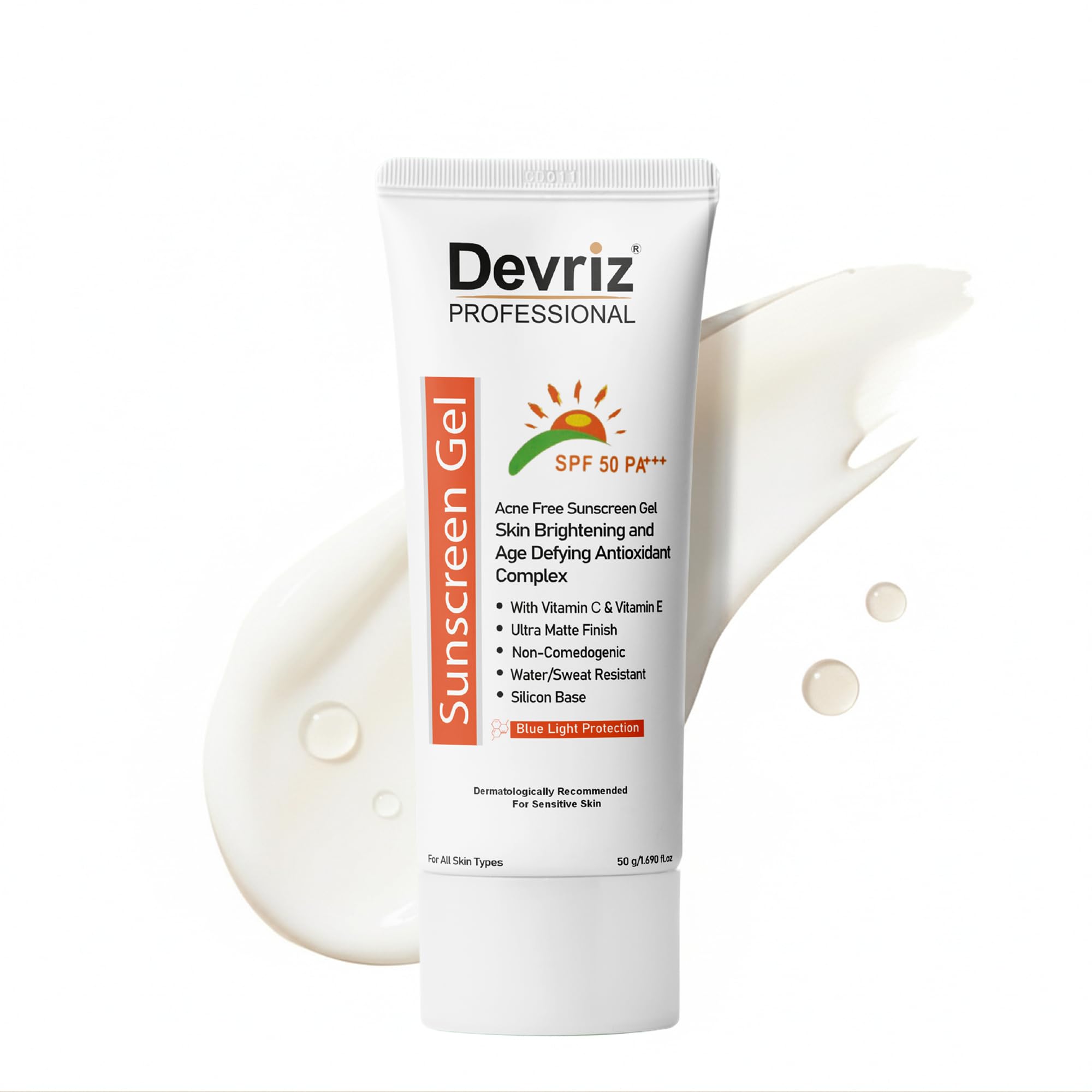 Devriz Healthcare | Sunscreen Gel | SPF 50 PA+++ Vitamin E | UV-A, UV-B Sunscreen | Non-greasy Gel | For All Skin Types | 50g