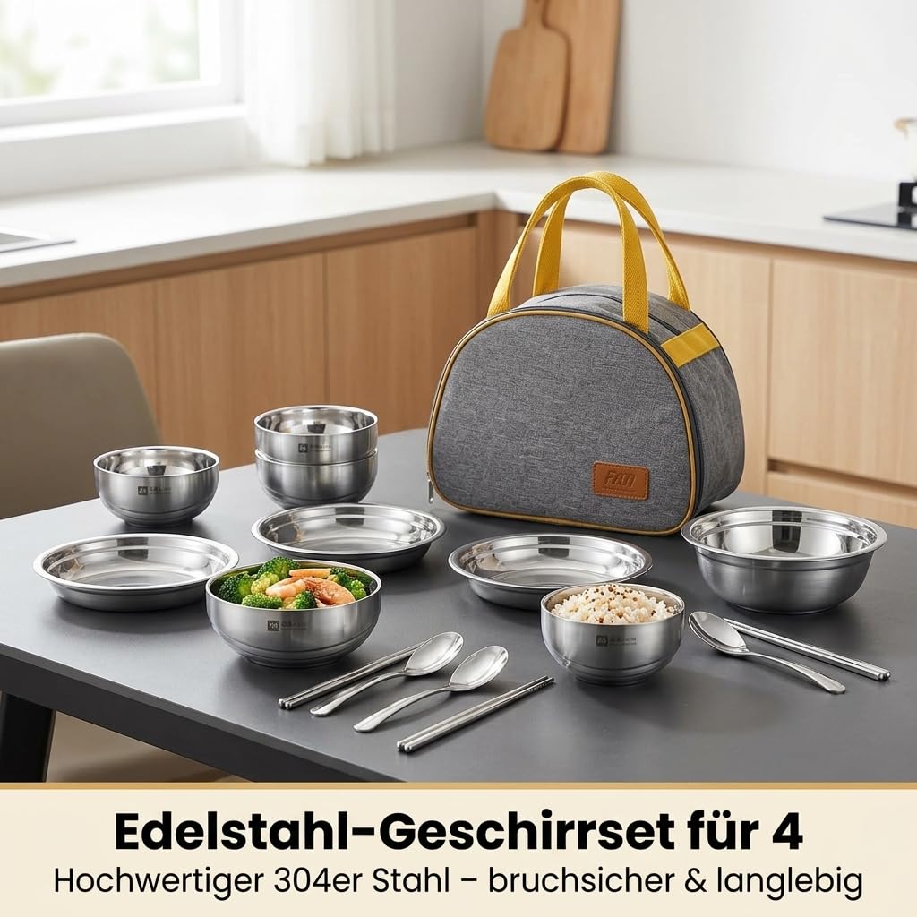 18-teiliges Besteck-Set, mattes Camping-Geschirr aus 304 Material, tragbares Essbesteck mit Beutel, chinesischer Stil, Modern; Minimalistisch; Funkti