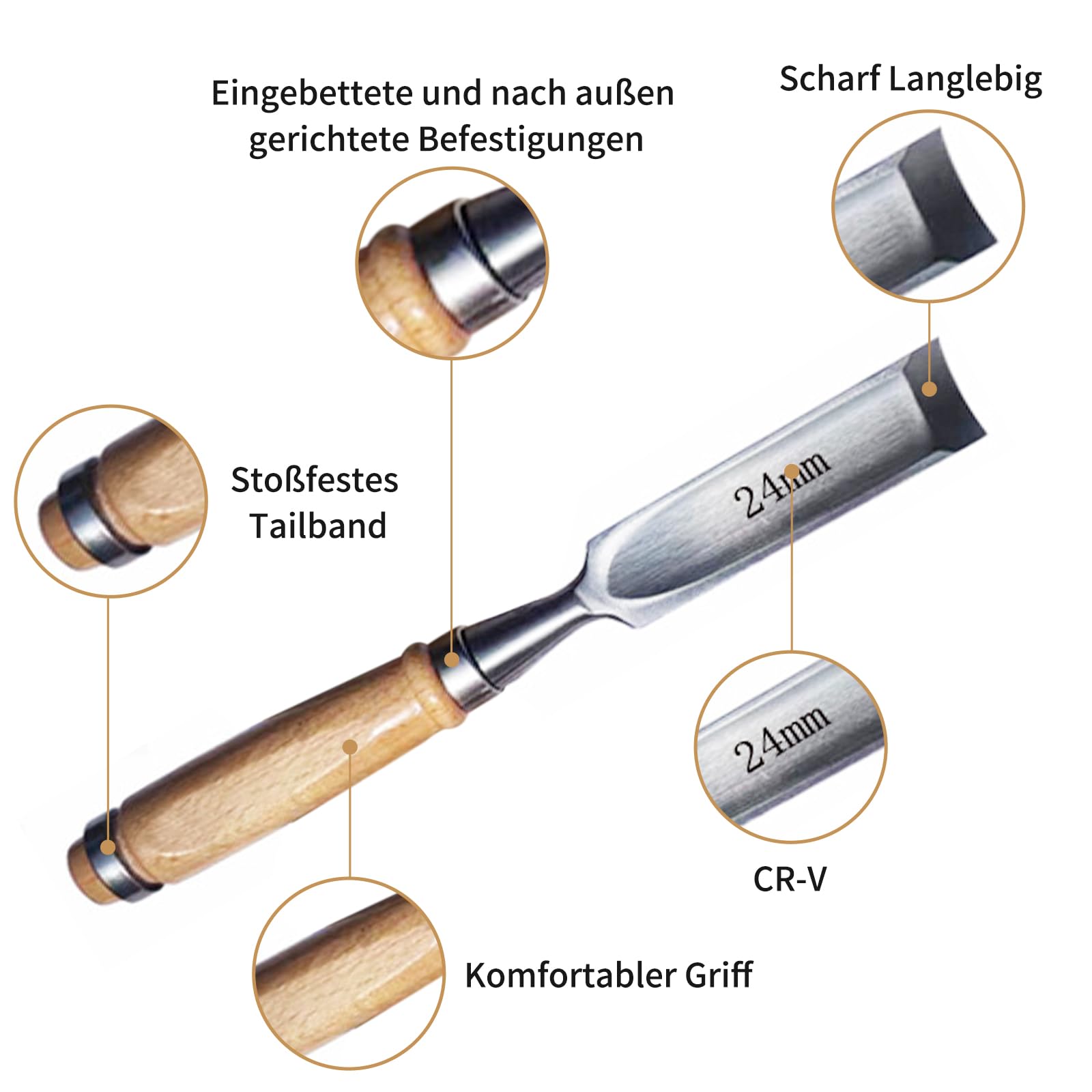 4 pièces de set de ciseaux à bois, set d’outils de ciseaux à bois ronds courbés creux, acier CR-V à bord semi-circulaire 8 mm (5/16")/12 mm (1/2")/18 mm (3/4")/24 mm (1") pour l’artisanat DIY (arête