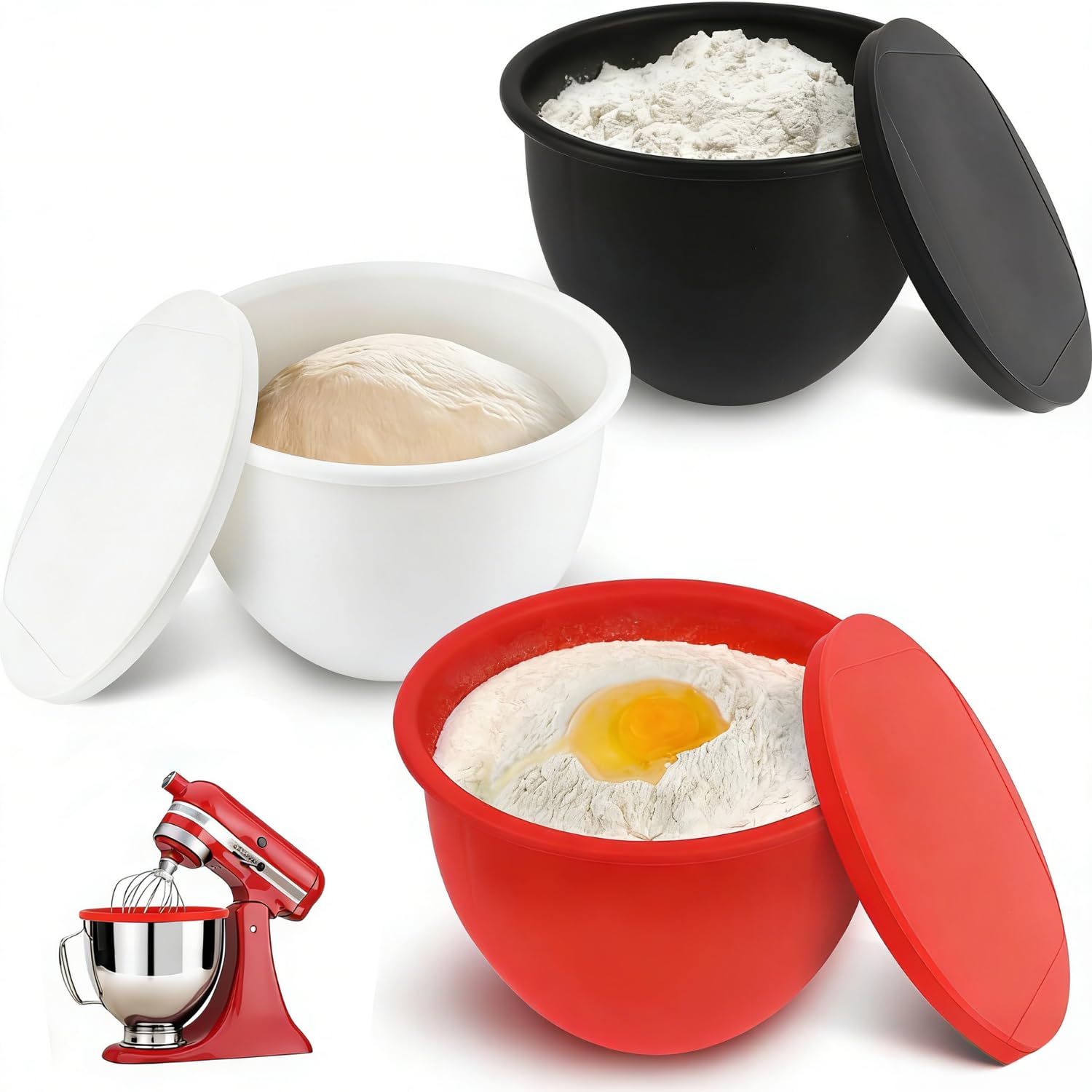 Photo 1 of ?3-Pack?Supper Moment® Silicone Bowl Liners for KitchenAid 5 Qt Tilt-Head Mixers, Foldable Space-Saving Silicone Mixing Bowl Liners with Lids, Heat Resistant, Dishwasher Safe (Black, White, Red)