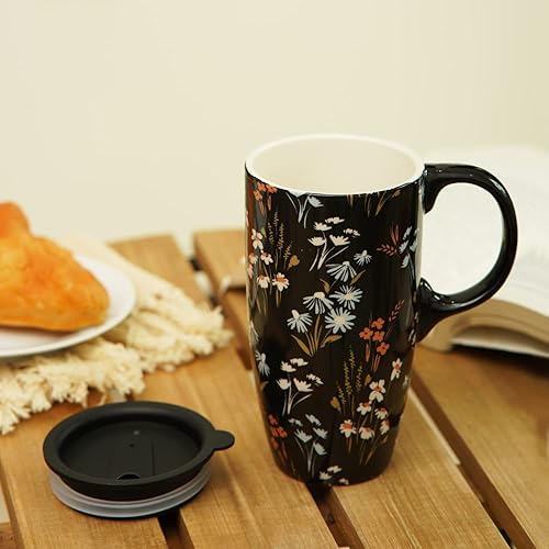 Miniatura 32 de Taza de café de viaje de cerámica con tapa para el hogar y la oficina, taza de té alta de porcelana de 17 onzas con mango de arte floral en caja
