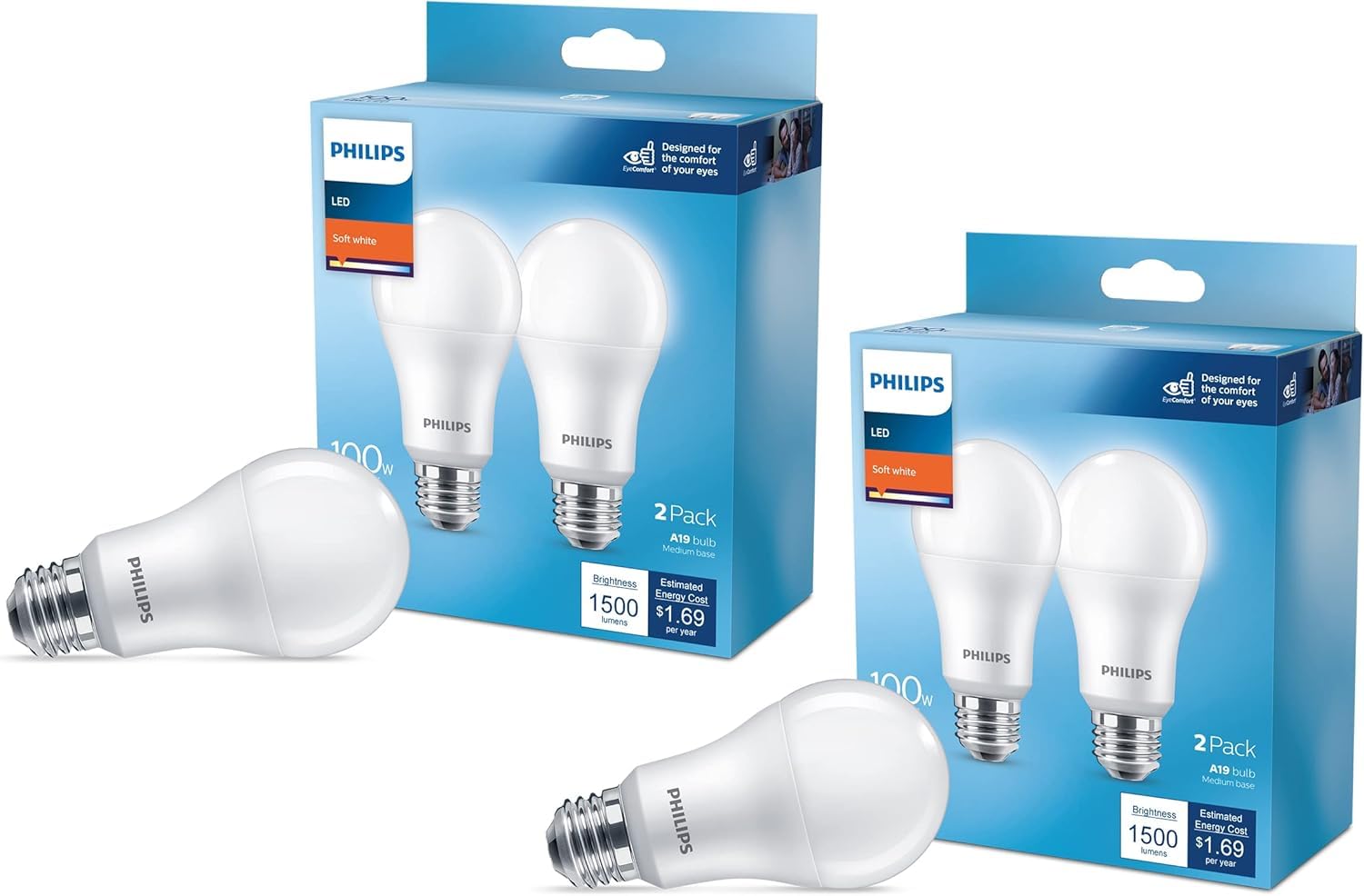 Philips LED Basic Frosted A19, Non-Dimmable, Eye Comfort Technology, 1500 Lumen, Soft White (2700), 14W=100W, Title 20 Certified, E26 Base, 4PK