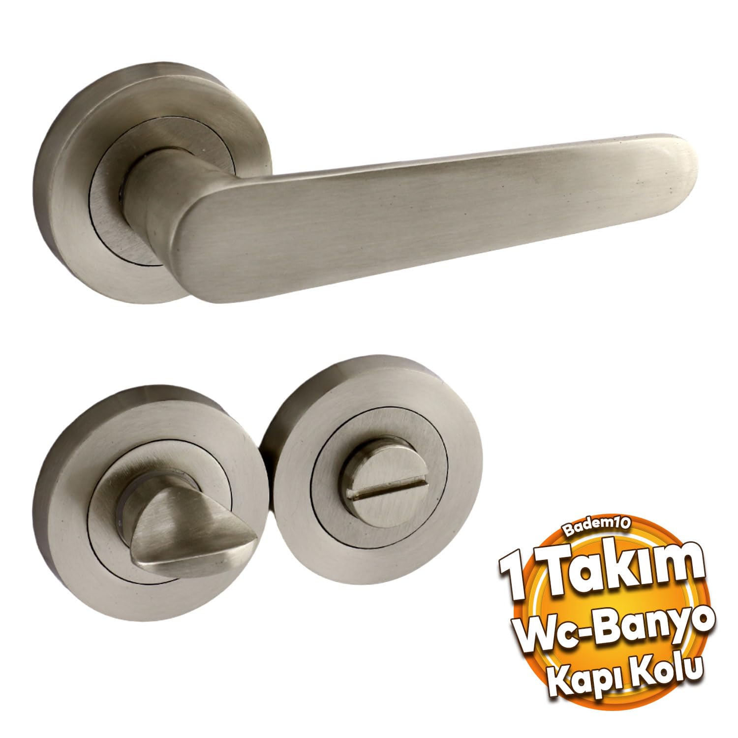 Badem10 Kayı Saten Wc Banyo Uyumlu Kapı Kolu Daire Rozetli Kapı Kulpu Sağa Sola Uygun Kapı Kolları