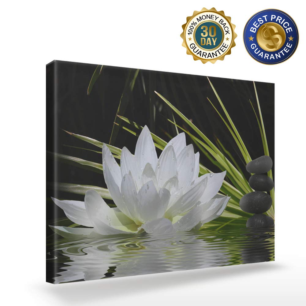 Canvas Wall Art - White Lotus and Black Zen Stones Picture - Modern Wall Decor Gallery Canvas Wraps Giclee Print Stretched and Framed Ready to Hang - 16" x 24"