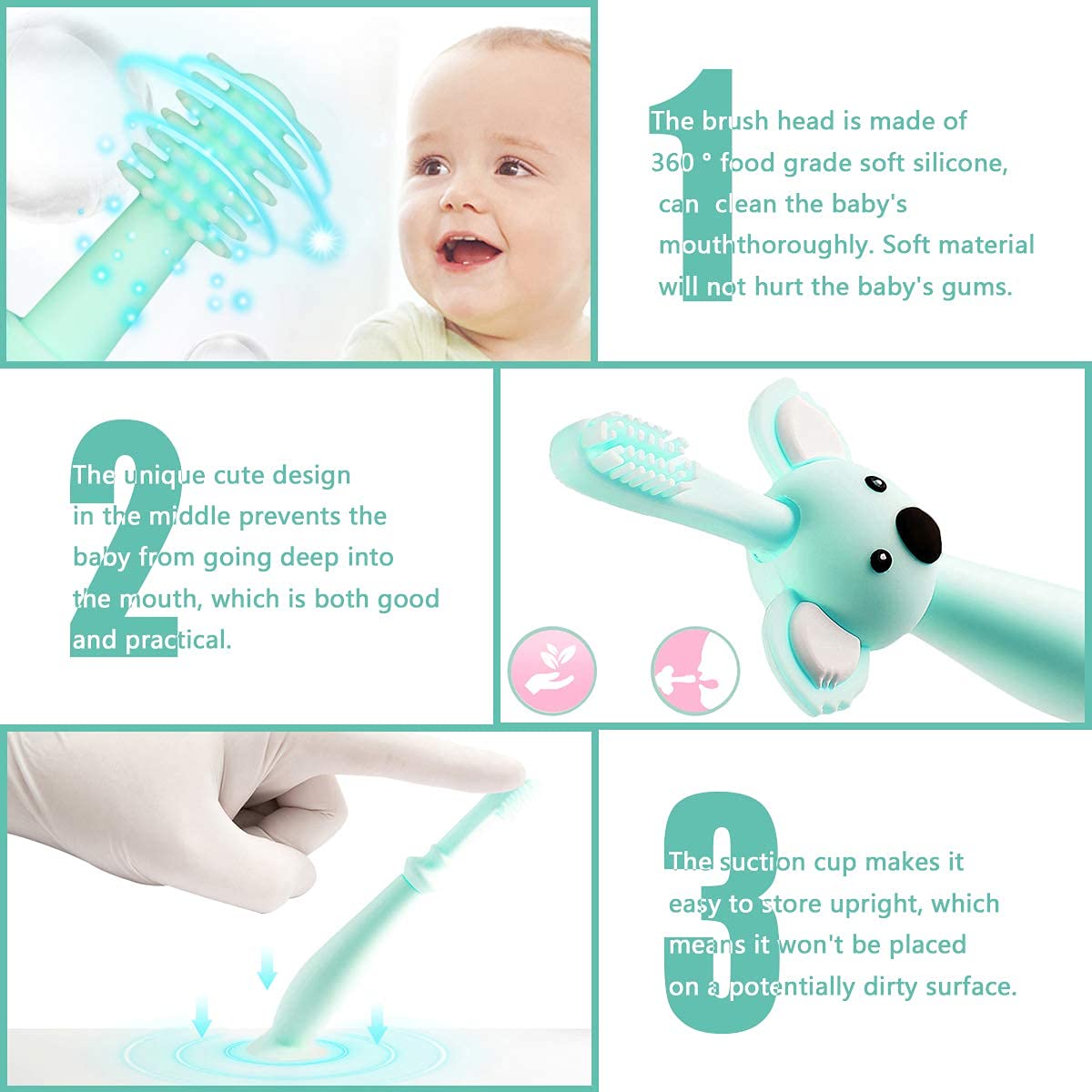 Vicloon Spazzolini da Denti per Bambini, Baby Spazzolino Massaggiagengive da Denti, 360° Silicone Morbido con Design Carino Koala, Dentizione Cure Orali per Bambini da 0 a 3 Anni (3 Pezzi), Verde