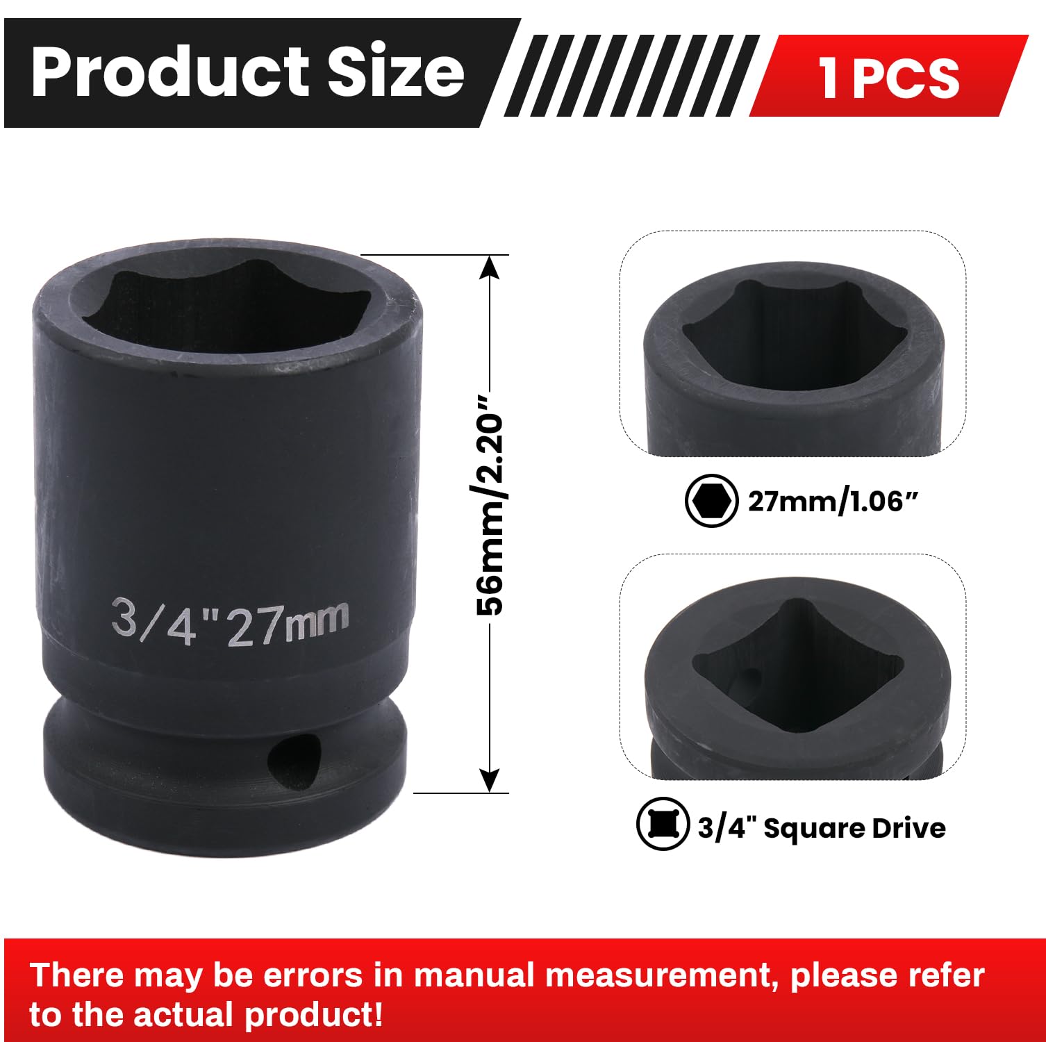 Deep 6-Point Impact Socket 3/4" Drive 27mm,Chrome Molybdenum Steel, Anti-Rust Metric Hex Socket for Car Repairs and Impact Wrench - Image 2