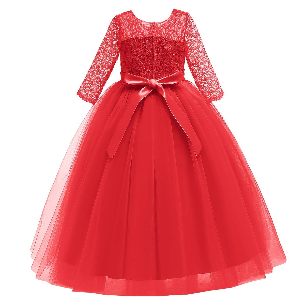IWEMEK Elegant Brautjungfer Kleider für Mädchen Blumenmädchen Hochzeitskleid 3/4 Arm Spitzenkleid Tüllkleid Prinzessin Festzug Erste Kommunionskleider Weihnachten Karneval Abendkleid Partykleid