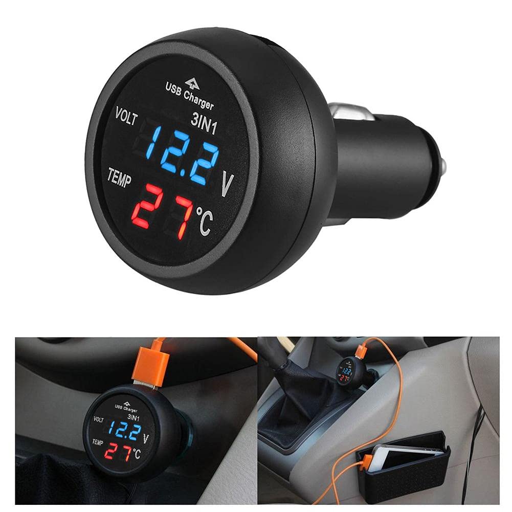 3 en 1 Termómetro Voltímetro para Coche, Cargador USB y Carga Rápida con Mechero Digital 12-24 V