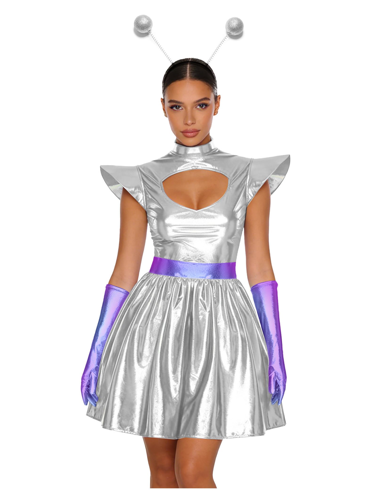 Yiesvsov Women Space Fancy Costume Metallic Robot Alien Costume Front Hollow Dress for Halloween Party 2Pcs Silver S