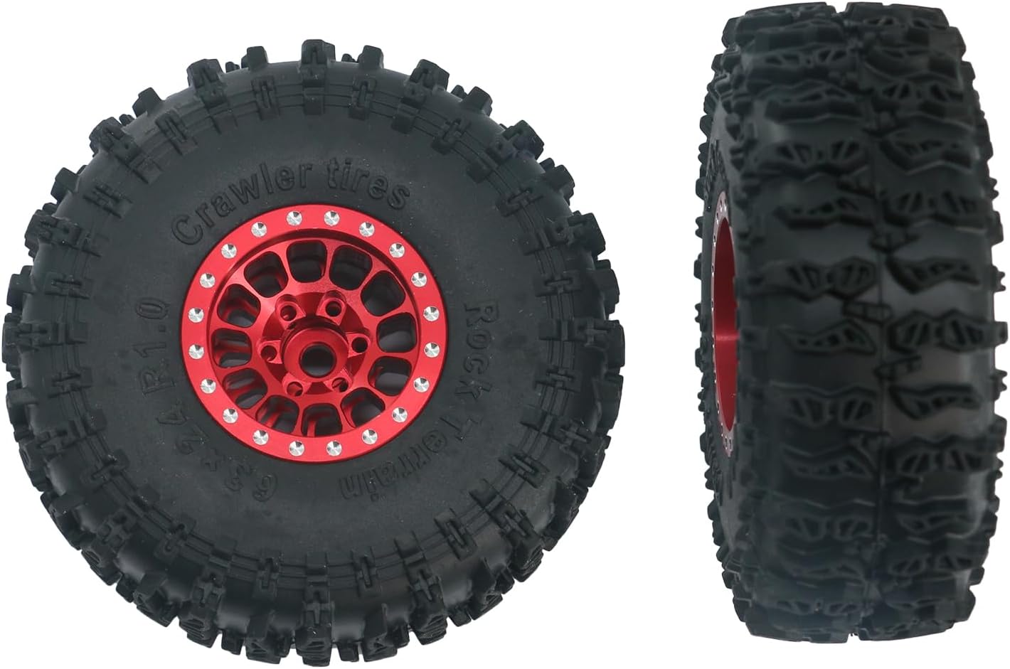 4Pcs Wheel and Tires Set 1.0" Beadlock Alloy Rims & 63×24mm RC Crawler Rock Terrain Rubber Tire for 1/18 TRX4M 1/24 Axial SCX24 Upgrade Part(Red)