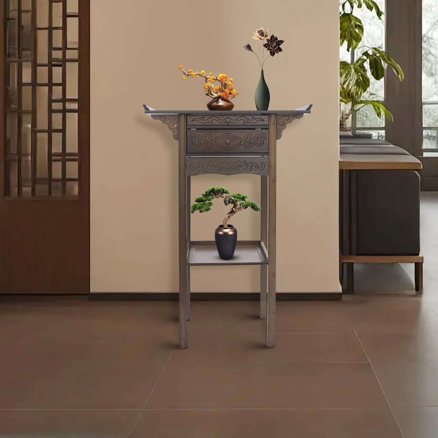 Shrine Altar Table, 2-Tier Bamboo Console Entry Table with Drawers, Chinese Cabinet Pedestal Offering Table for Entryway, Living Room, Chinese Style Foyer Tables, 25.98 x 15.75 x 39.37in, Brown