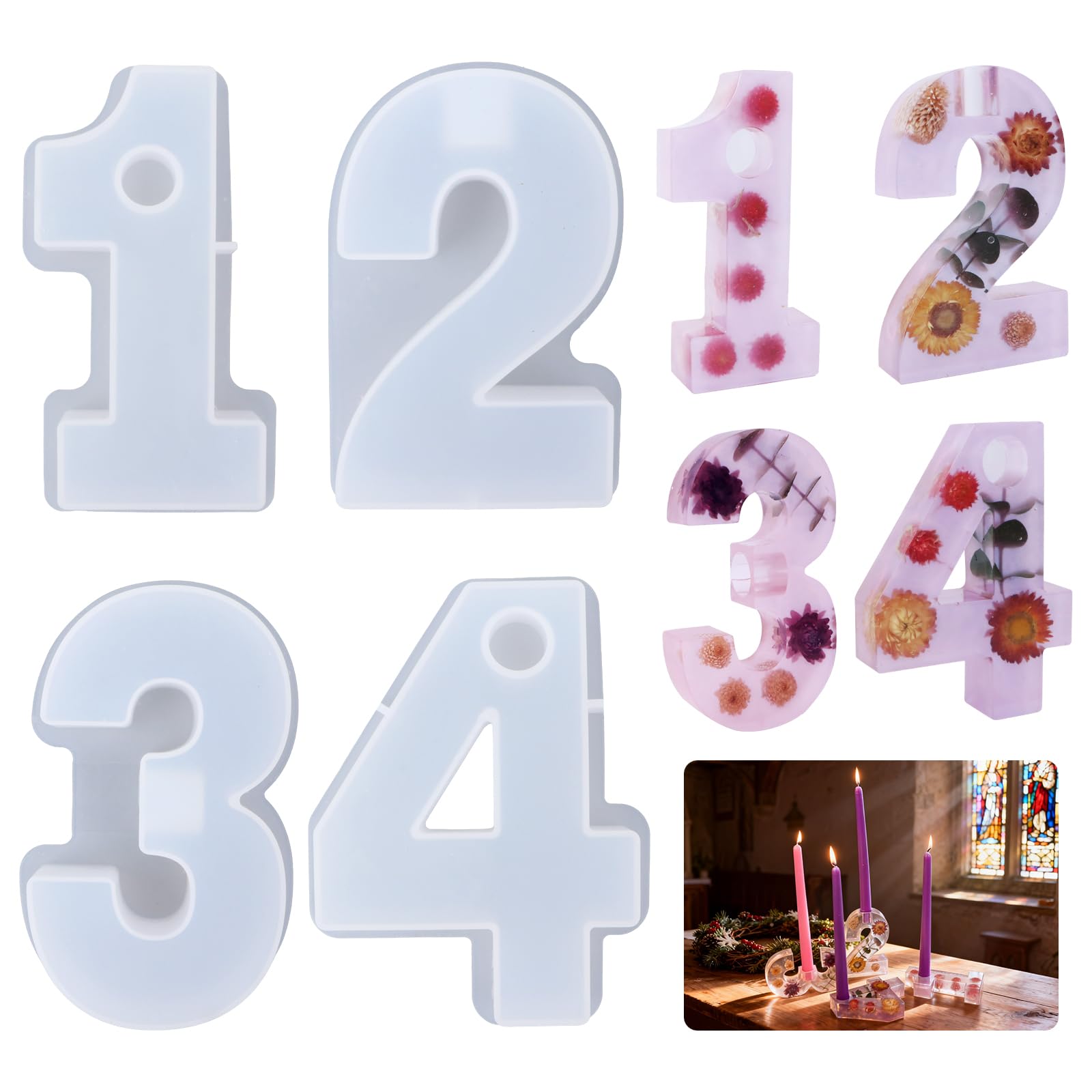 Joxessaien Adventszahlen 1-4 Gießform, Silikonform Kerzenhalter Gießform Adventskalender, Silikonformen Adventszahlen, DIY Silikonform für Dekorieren Ihres Esstisches, Wohnzimmers
