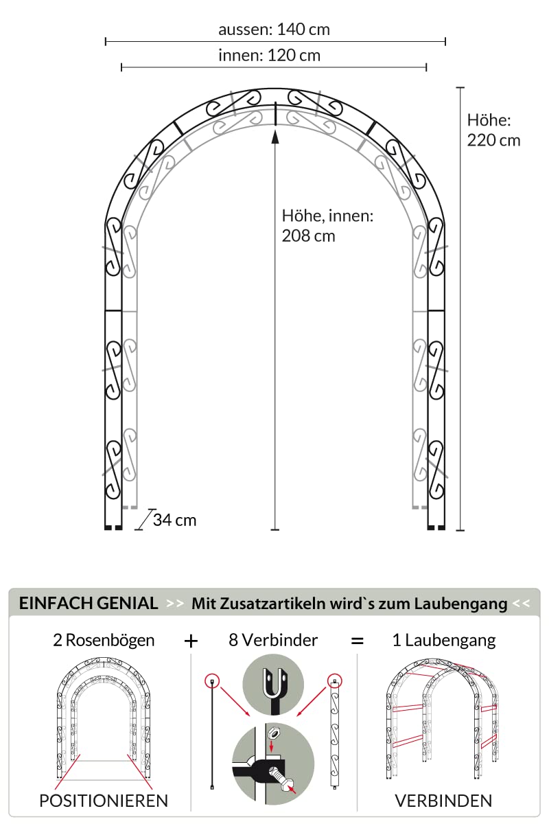 KUHEIGA Rosenbogen Metall 12mm Massiveisen! - stabil B: 140cm Verzinkt/Zink Rankbogen
