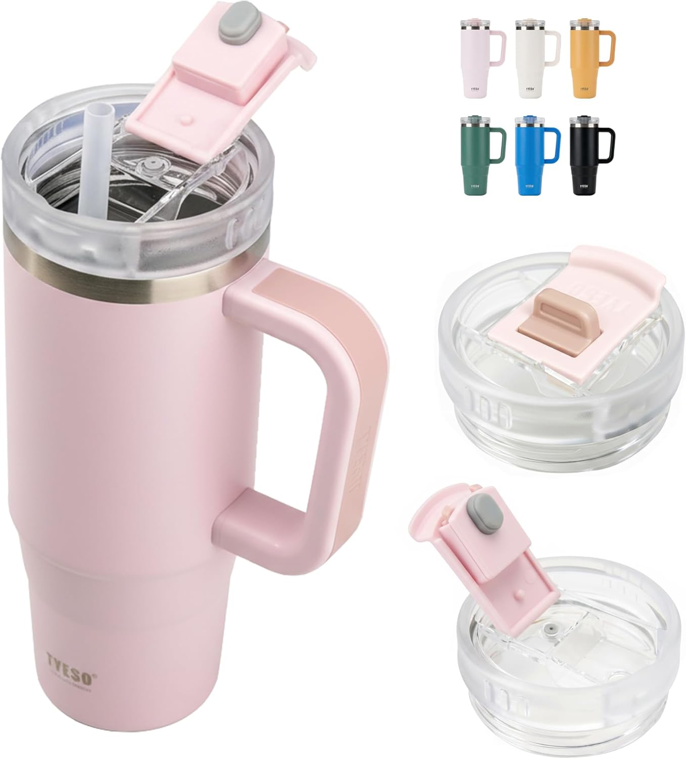 TYESO Vacuum Insulated Tumbler Water Bottle Cold Insulation Stainless Steel Bottle Straw Handle Mug Double Wall Wide Mouth (LIGHT PINK, 30 oz)