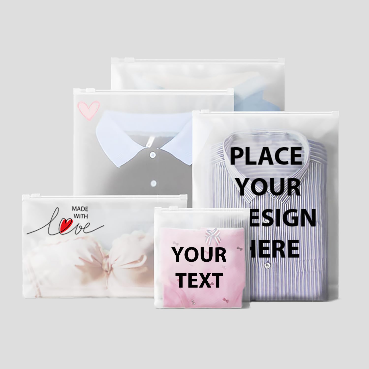 300 PCS Small Plastic Packaging Bags,Multisize Frosted Zipper Storage Bags,Clear Plastic Bags with Vent Holes for for Clothes, T Shirt, Jewelry, Gift (Frosted, Multisize)