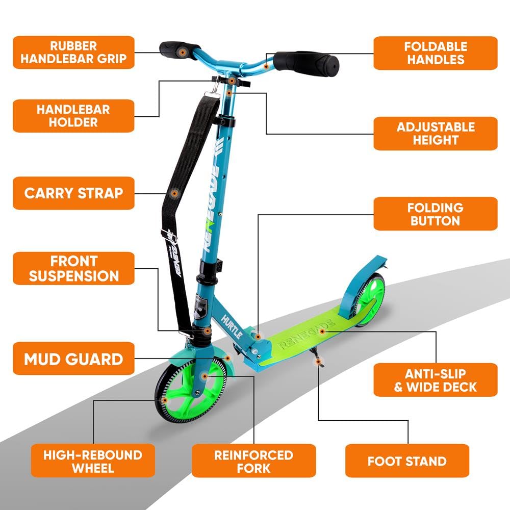 Hurtle Patinete de Ciudad con Ruedas XXL, Plegable hasta 100 kg, Altura Ajustable con Correa, Freno de Pedal y Soporte para Viajes Escolares, Ocio y Transporte Urbano, para niños, Adolescentes y