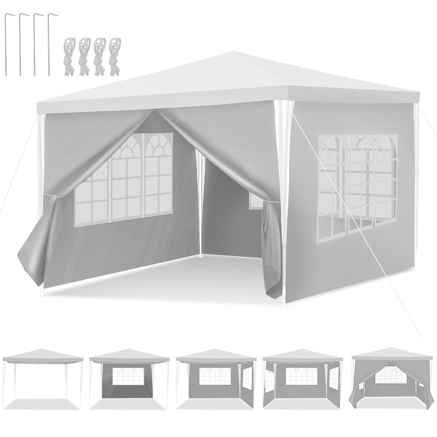 Carpa de jardín de 3 x 3 m, resistente al agua, con paneles laterales y ventanas, protección solar, carpa exterior para fiestas, camping, festivales, color blanco