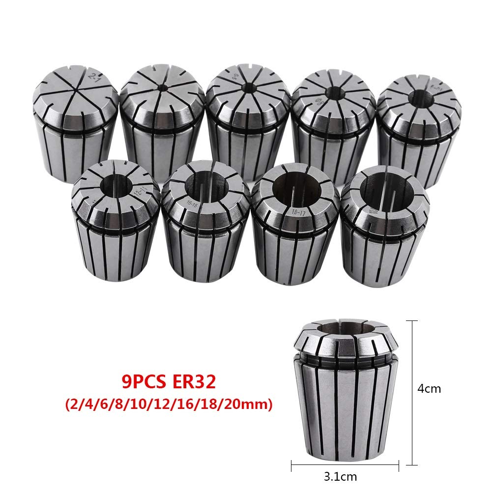 Samfox ER32 Juego de Boquillas, 9 Piezas Juego de Boquillas de Resorte CNC Cuchillas Torno Spring Collet 2-20mm para Máquina de Grabado CNC y Herramienta de Torno de Fresado