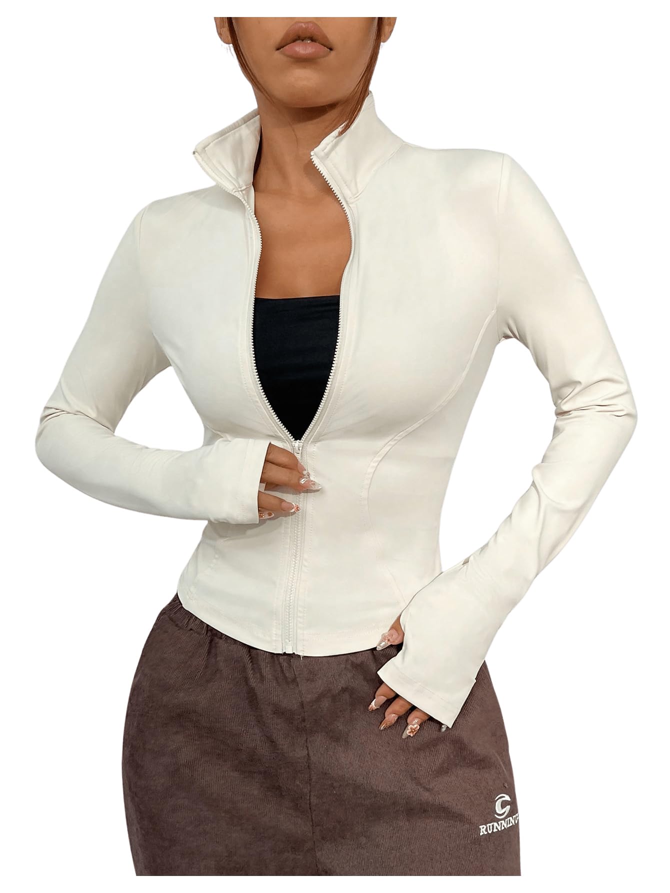 OYOANGLE Women's Athletic Jacket Long Sleeve Zip Up Mock Neck Workout Jackets Gym Yoga Jacket Apricot Large