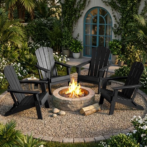 Image of Folding Adirondack Chair Set of 2, Lightweight-Portable HDPE Patio Chair, All-Weather Space-Saving Foldable Fire Pit Seating for Camping, Backyard, Deck-Black