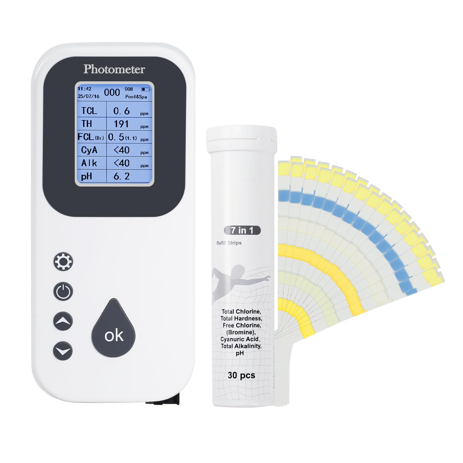 Analizzatore Acqua Digitale per Piscina e Spa Test Kit Professionale per Cloro Libero e Totale, pH, Durezza, Alcalinità, Acido Cianurico, Bromo Tecnologia Fotoelettrica Include Strisce Reattive
