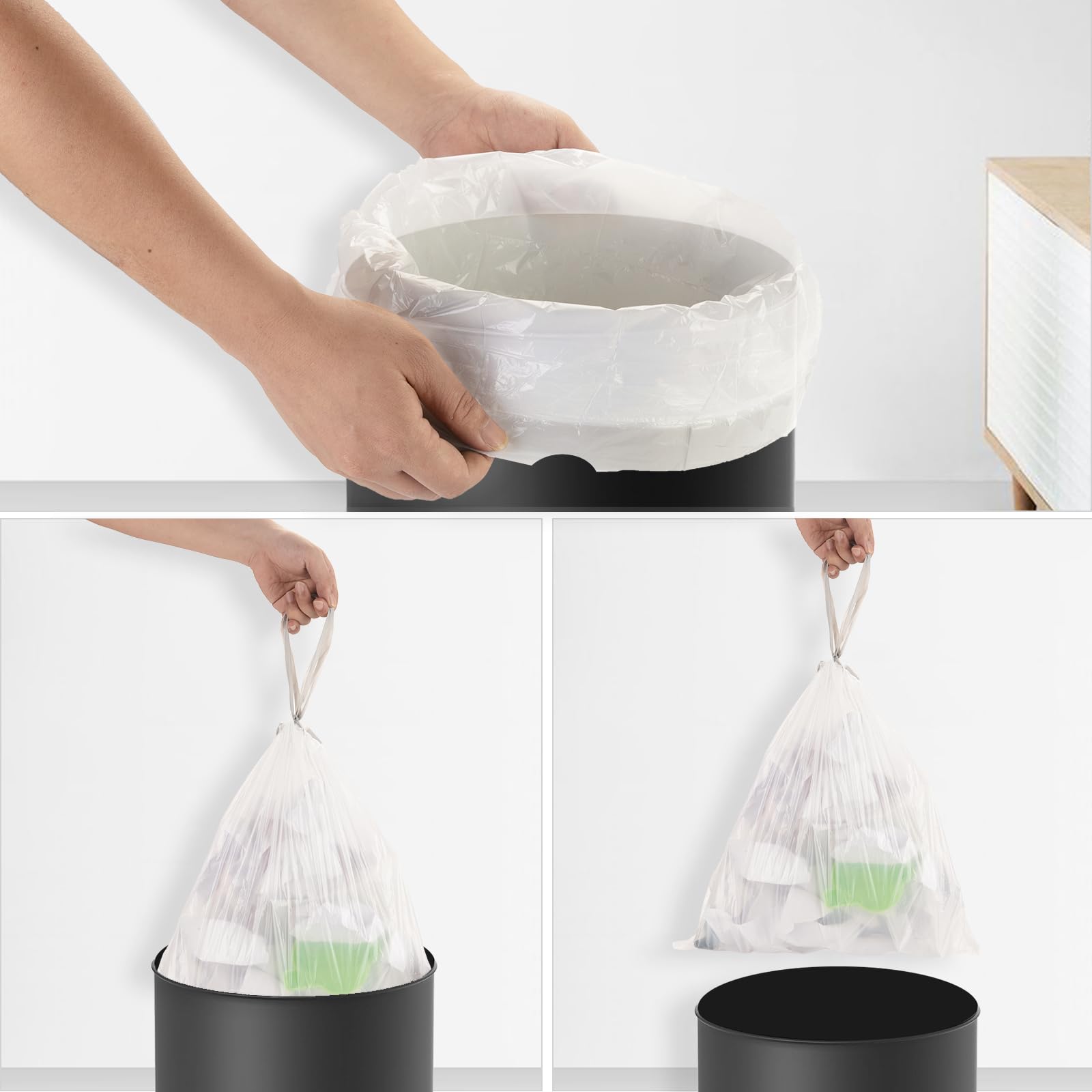 Piccoli sacchetti per bidoni della spazzatura da bagno, con coulisse, piccoli sacchetti per la spazzatura, non profumati, resistenti, in plastica, per bagno, WC, ufficio, camera da letto (3 rotoli