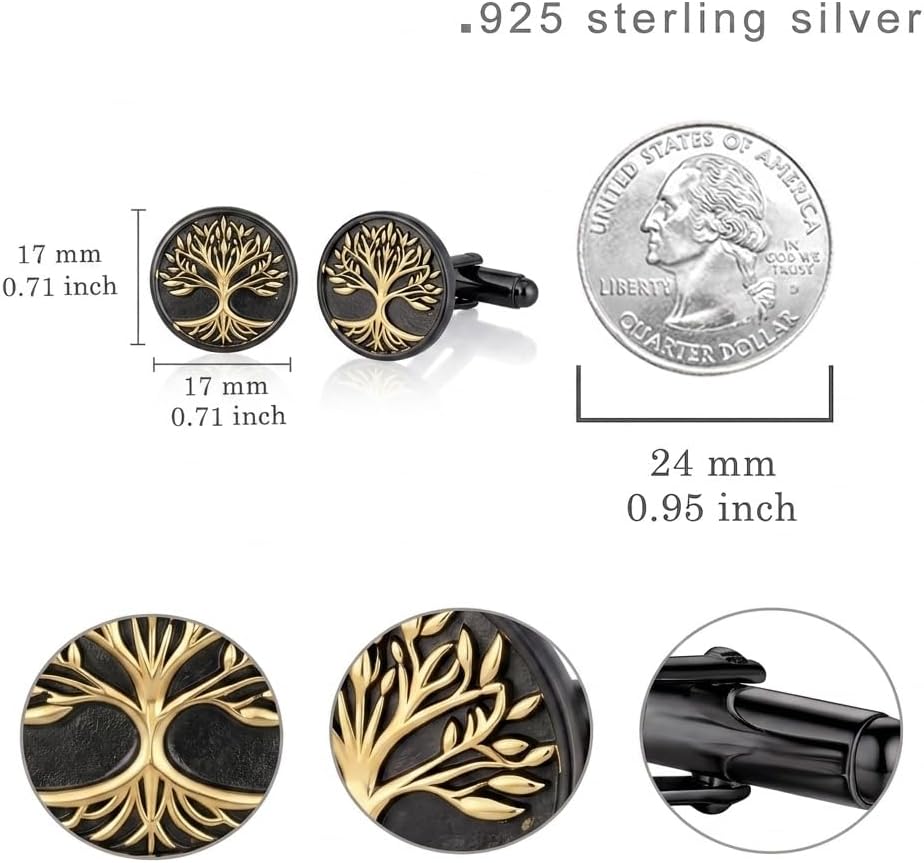 Tree of Life Cufflinks for Men S925 Sterling Silver Black Cuff Links Mens Wedding Father's Day Jewelry Gifts for Men