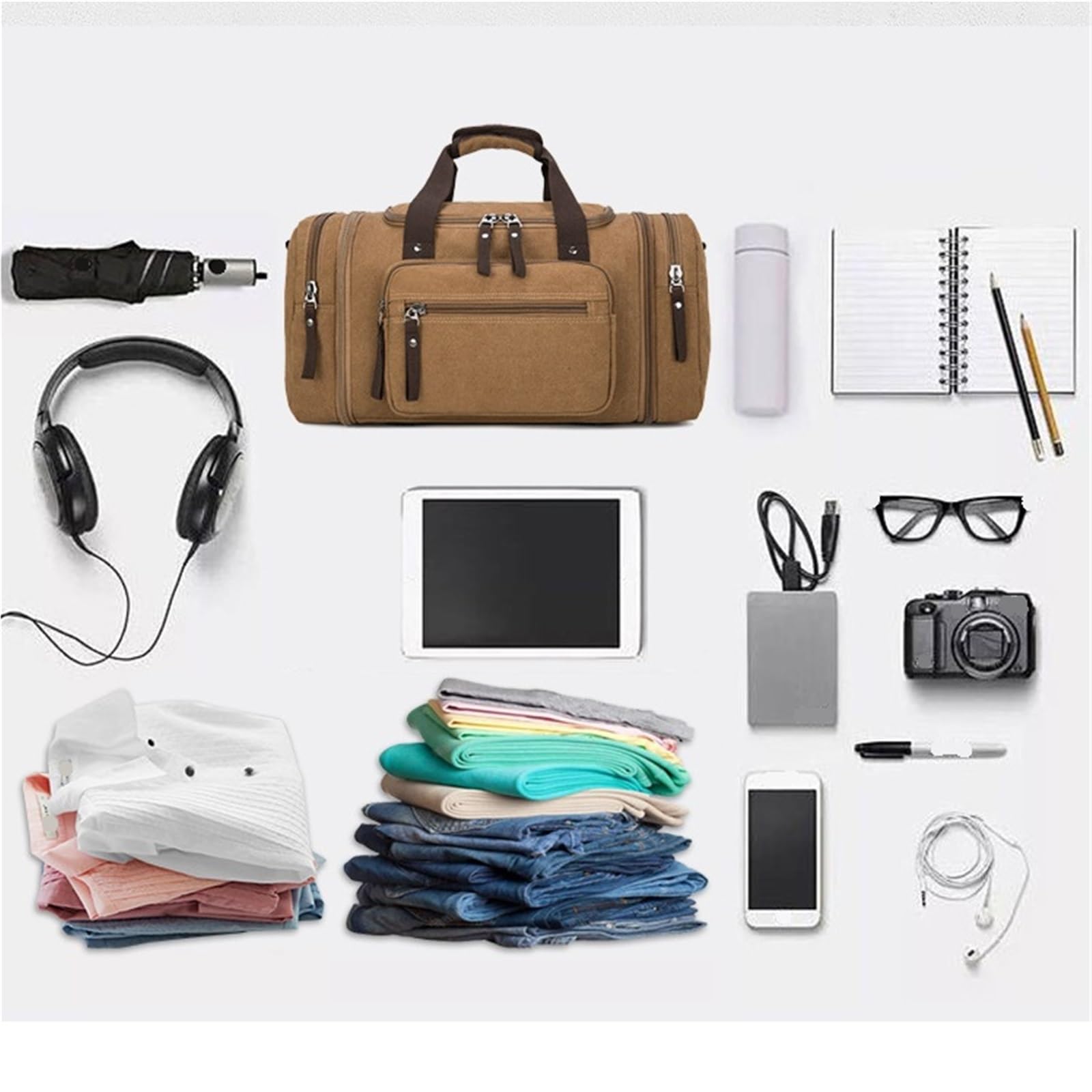 Bolsas de Viaje de Lona, ​​Gran Capacidad, Equipaje de Mano, Bolso de Lona for Hombre, Bolso de Viaje, Bolso de Fin de Semana(Brown)