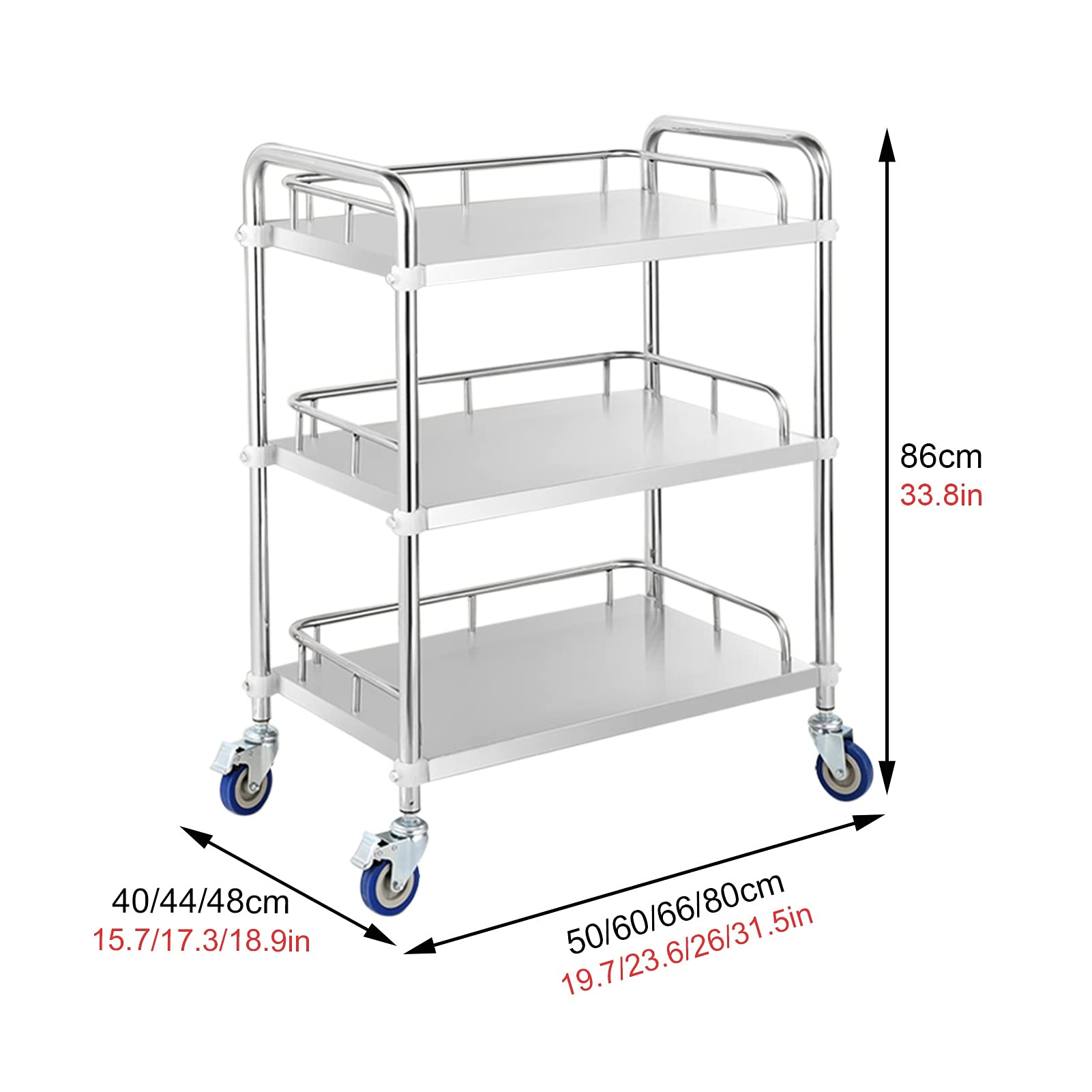 Carrello di servizio, carrello da cucina in acciaio inox, carrello di servizio staccabile a 2/3 livelli, carrello di stoccaggio con ruote bloccabili, 3 strati-50*40*8,3 Layers-50*40*86Cm