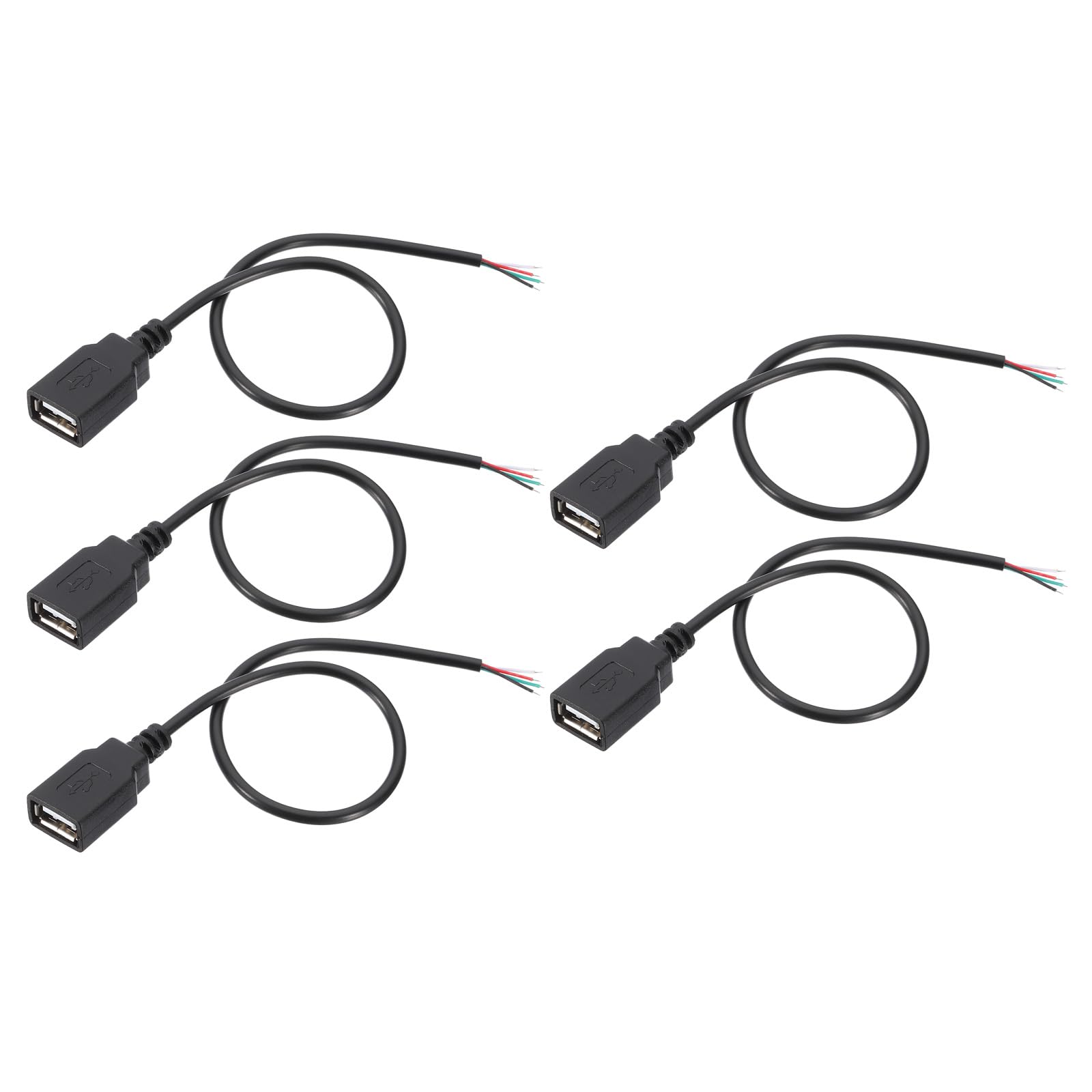 PATIKIL 1Ft USB 2.0 Female to 4 Pin Bare Wire Pigtail Cable, 5pcs 28AWG Data Power Cords Extension Adapter for Charging Equipment DIY Repair Replace, Black