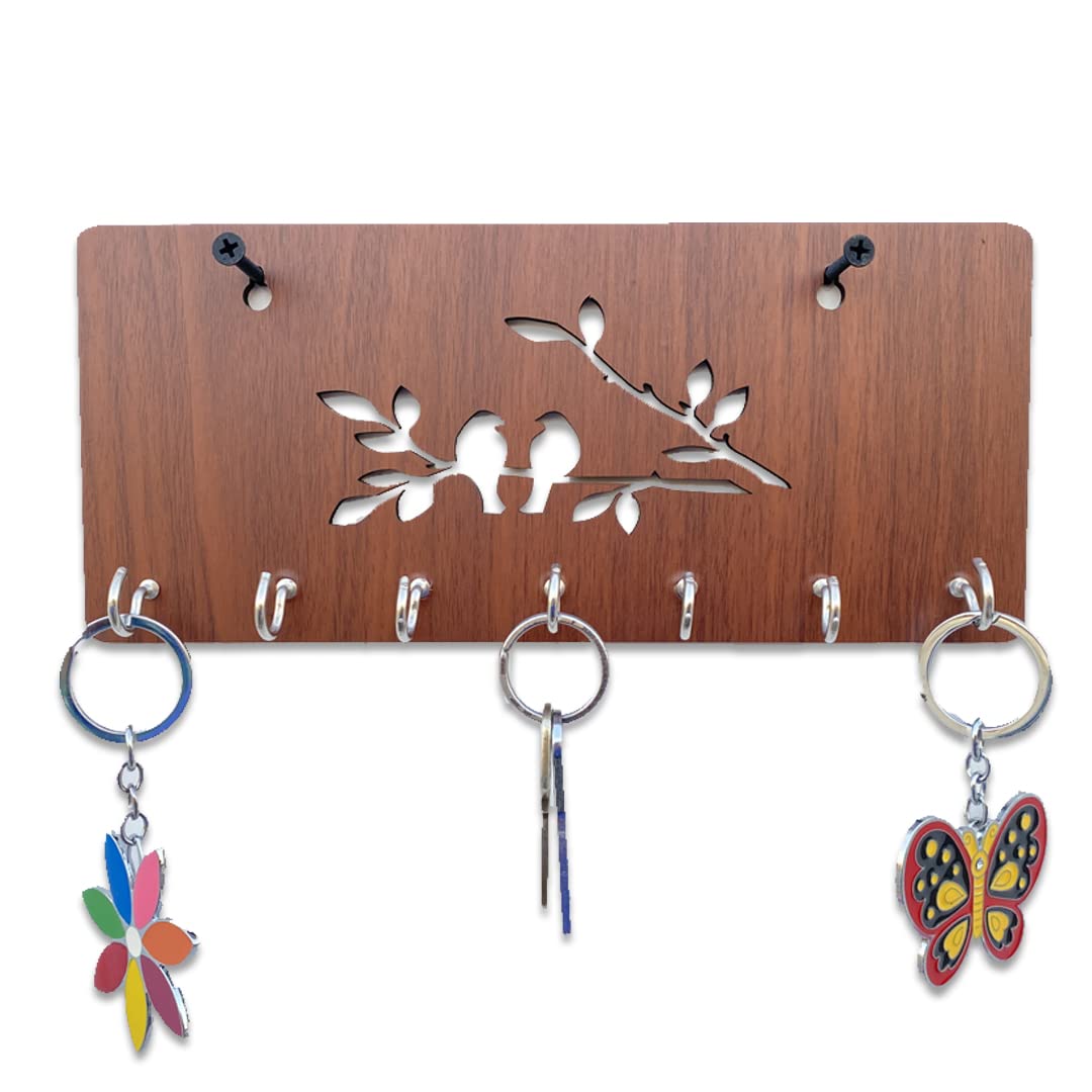 7 Hooks 5 Birds Entryway Kitchen Office Mudroom Wall Mount Decorative Keys Organizer Key Holder (25 cm x 11 cm x 0.3 cm, Brown) (Brown4)
