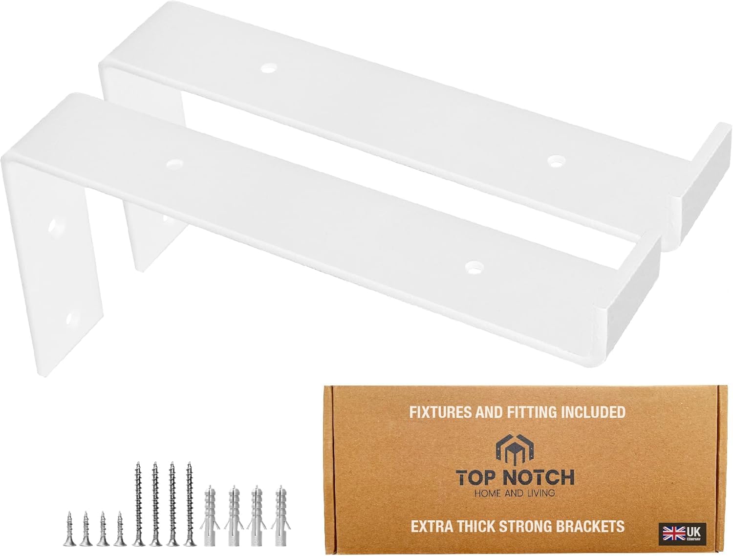 Top Notch Home and Living Heavy Duty Metal Shelf Brackets | Steel Bracket for Wooden Wall Shelves | Support 40kgs | Hardwearing | Incl Fixtures & Fittings (White, Pack of 2 Down Brackets) โ image 1