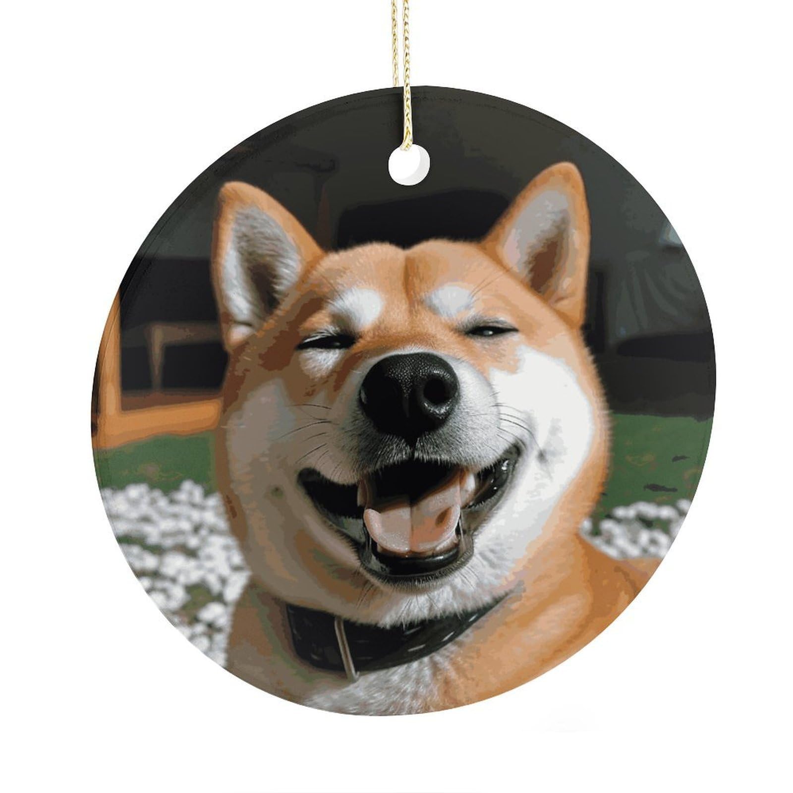 Adfgyerh Style Shiba Inu Smile Tongue Out Ceramic Circular Pendant,2.9 Inch，Hanging Ornament，Gift Exchange Idea Round Ceramic Ornament,For Mom And Daughter，For Home Indoor Outdoor Decor.