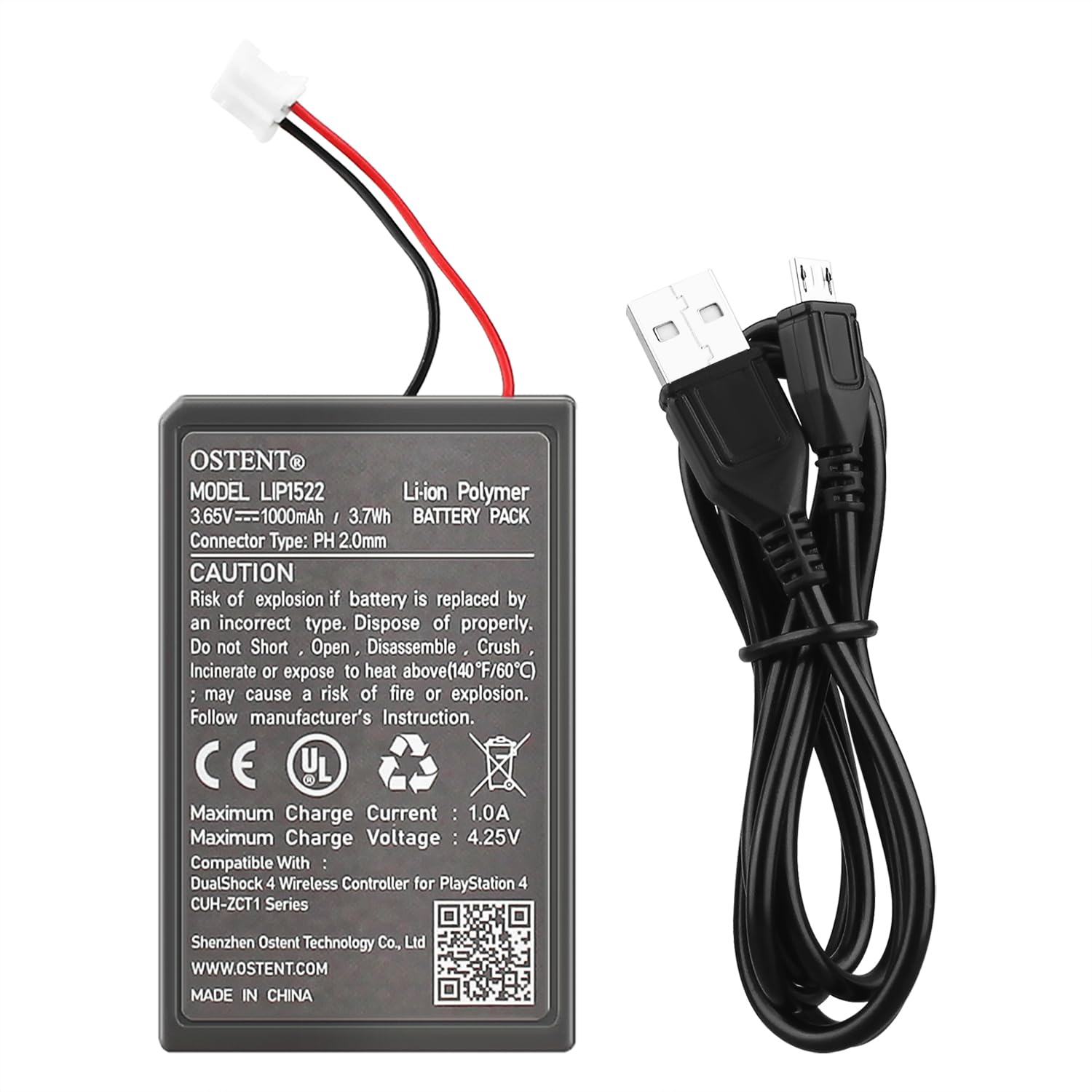 OSTENT 3.7V 1000mAh LIP1522 Batería recargable de Li-ion para Sony PS4 Bluetooth Wireless Dual Shock Controller CUH-ZCT1 Series (CUH-ZCT1E/CUH-ZCT1U) Primera Generación Versión Antigua Conector Grande