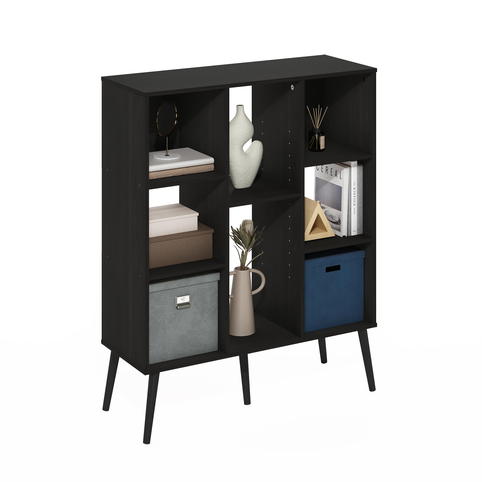 Furinno Claude Mid Century Style 8-Cube Bookcase, Bookshelf, Storage Organizer with Wood Legs, Espresso