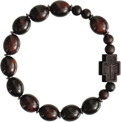 Sine Cera Pulsera de rosario católico de madera de azufaifo oscuro, cuentas ovaladas lisas de 0.472 in