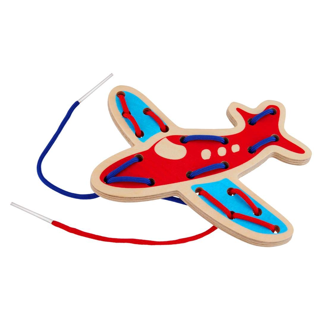 Eduedge lace me airplane is a lacing board with two laces. Lacing in different patterns enhances wrist agility, pincer grip, co-ordination and concentration. Develops motor skill and cognitive skill. Wooden learning toy suggested for children above 3 years of age.