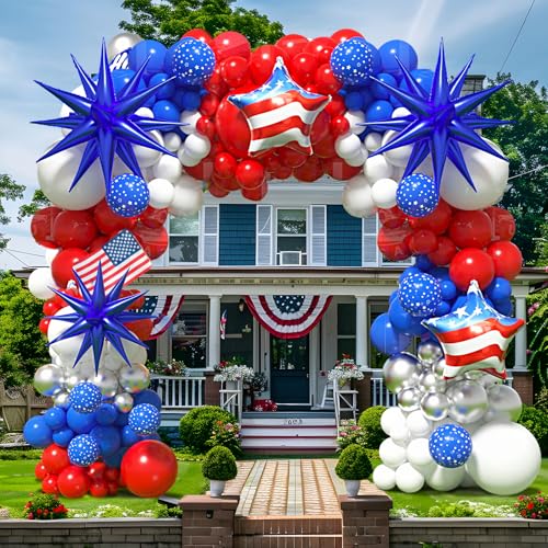 Image of 147Pcs Red White and Blue Balloon Garland Arch Kit with Silver Blue Exploding Star Foil Balloons for 4th of July Independence Day Patriotic Nautical Memorial Veterans Day Theme Party Decoration