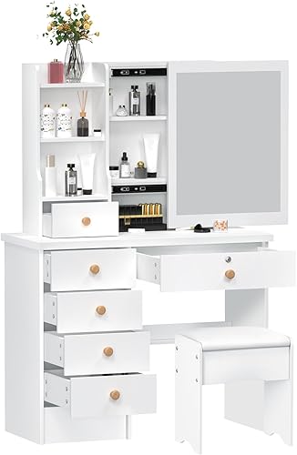 Miniatura 9 de Walbest Escritorio de tocador con espejo deslizante, tocador blanco para dormitorio, escritorio de maquillaje con 6 cajones, estantes abiertos,