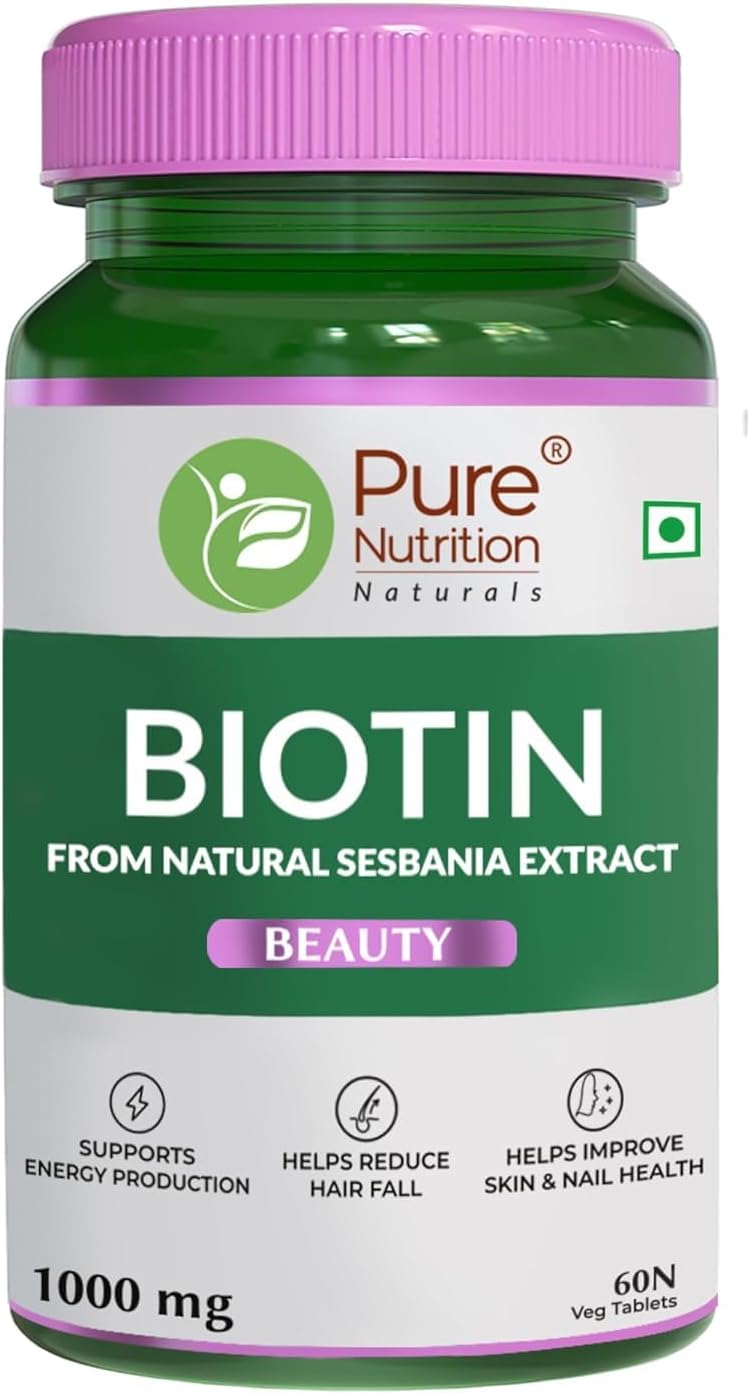 Pure Nutrition Naturals Biotin (10000mcg) with Sesbania Grandiflora, Bhringraj, Bamboo Shoot, Moringa Leaf, Amla Extracts & Multiminerals for Hair Growth, Glowing Skin & Strong & Healthy Nails for Wo