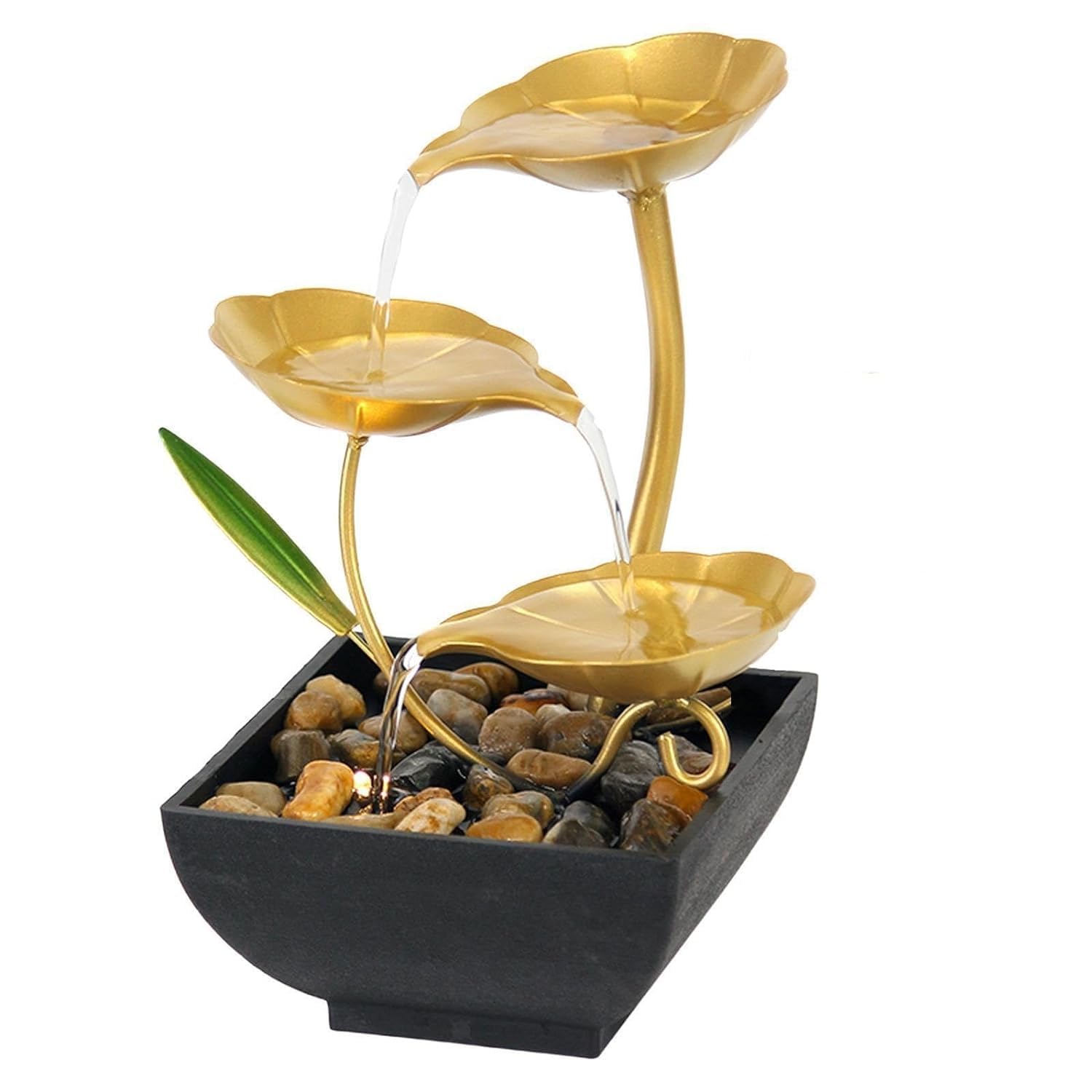 3-Tier Metal Tabletop Water Fountain for Home Decor Living Room Indoor Waterfall Desktop Leaf Fountains for Office Table Relaxation Fountain with Natural Stones-image-32