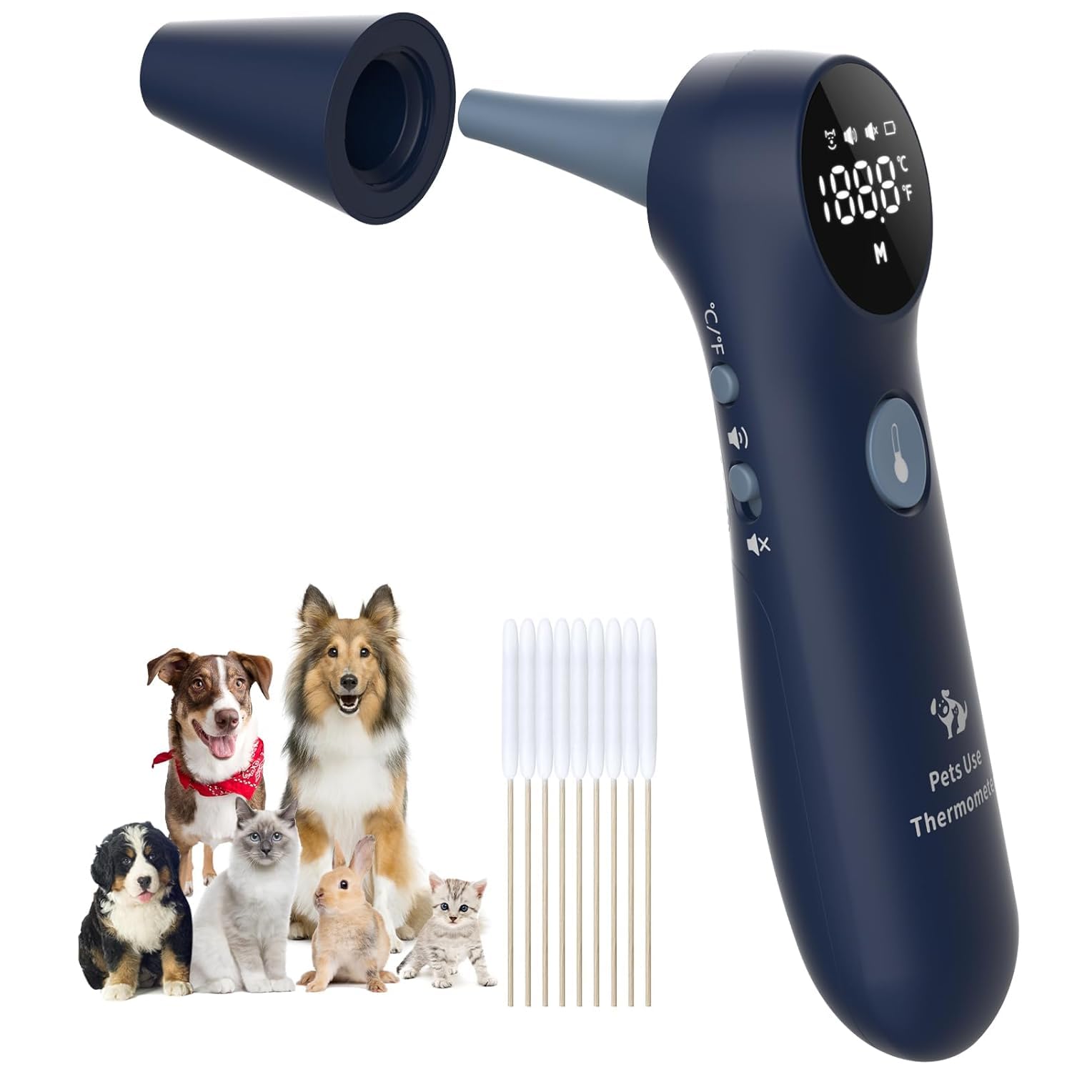 MINDPET-MED Pet Ear Thermometer for Dogs, Cats, and Livestock, Long Probe Designed, ℃/ ℉ Convert and Sound Switch Dedicated Button, 1 Second