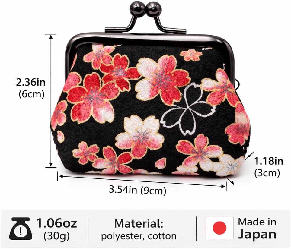 Square Coin Purse [ Made in Japan ] Traditional Edo Komon Design Small Change Pouch (Cherry blossom (black))
