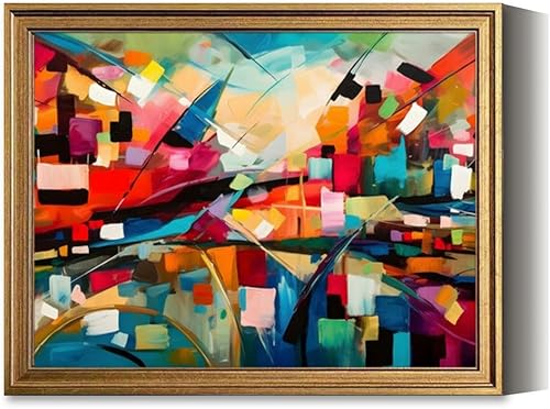 Vintage Framed Wall Art Abstract art painting colorful squares oil Canvas Paintings Wall Decor Pictures Posters Prints for Living Room Bathroom