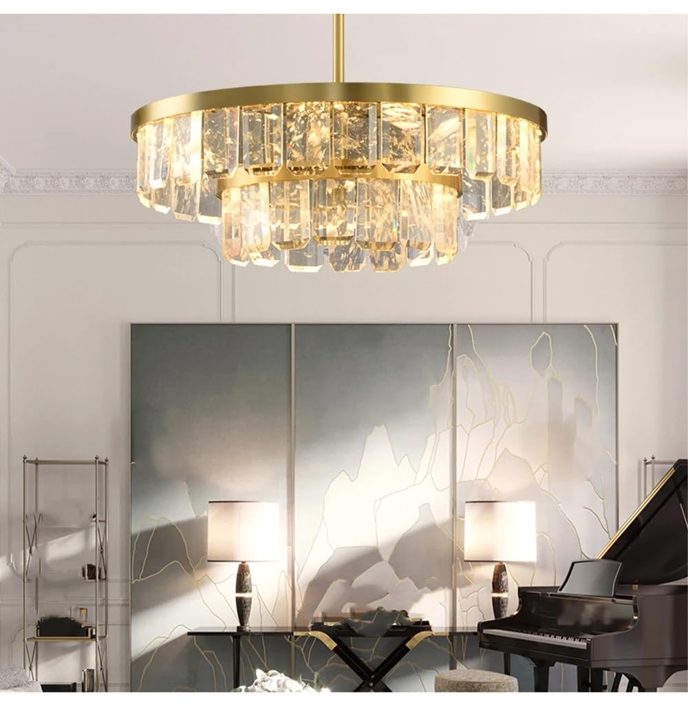 ASerZenith Luxury Misty Crystal Copper Ceiling Chandeliers Led Lustres Hanging Lamps Modern Home Decoration Lights For Dining Room Decor(White Light-2-Tier 85Cm)