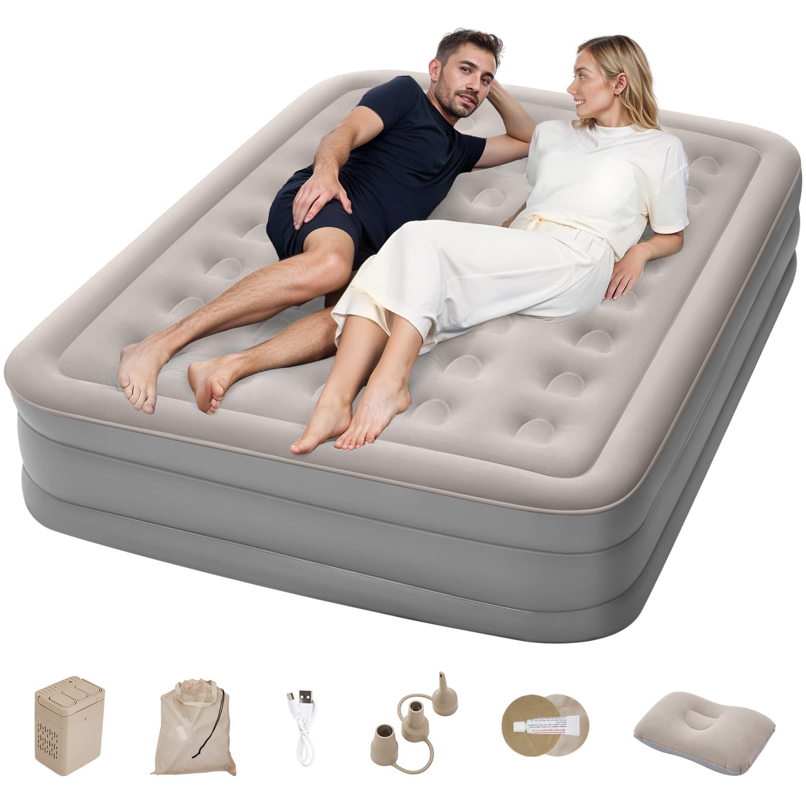 Warmiehomy King Inflatable Mattress, Deflation Air Bed with Built-in Electric Pump, Double Blow Up Mattress in 2.5 Mins Self-Inflation, Flocked Surface Air Mattress for Home Camping 200x150x40cm, Grey